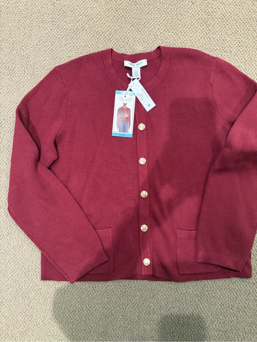 Nine West Wine Button-Front Crewneck Cardigan